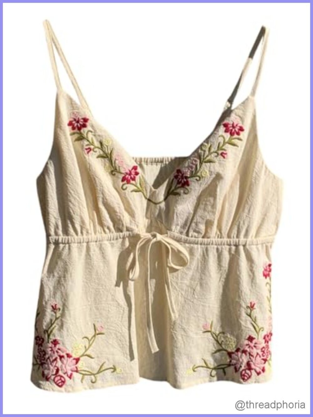 Sleeveless V-Neck Floral Embroidered Peplum Camisole Top, Tie Front, Soft &